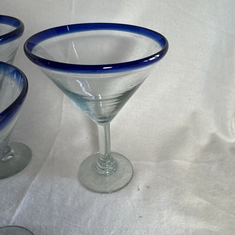 3 Tall Mexican Style Martini Margarita Glass Cobalt Blue Rim Handmade Glass